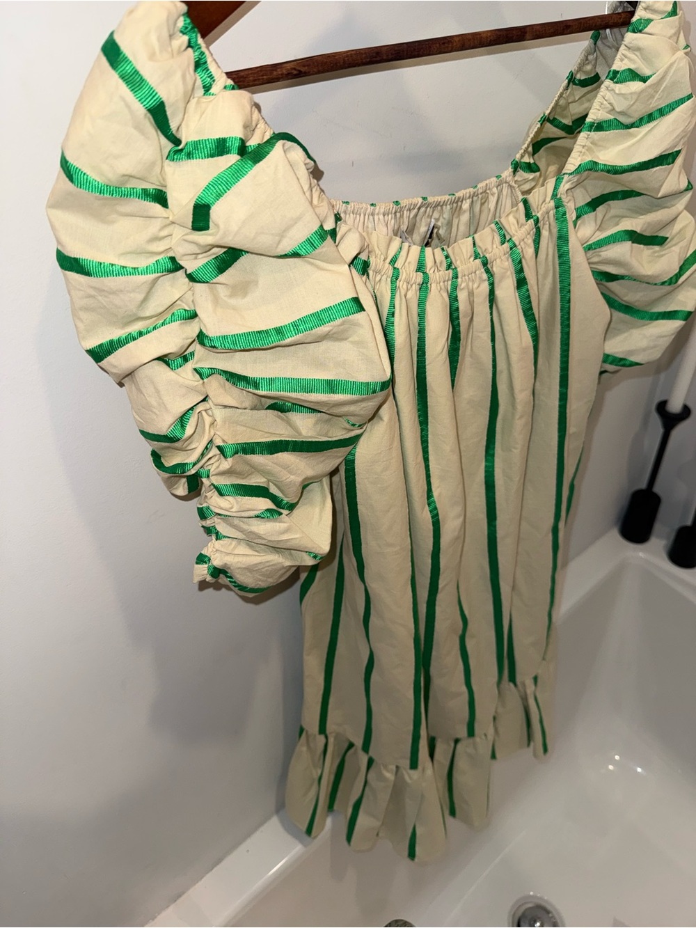 English Factory Cream and Green Striped Midi Dress with Puff Sleeves